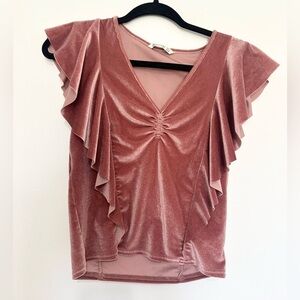Stradivarius pink velvet ruffle blouse pullover size small girly